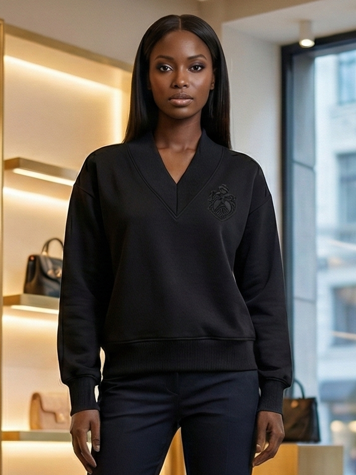 Delta Sigma Theta Blouse with Embroidered Shield in Black